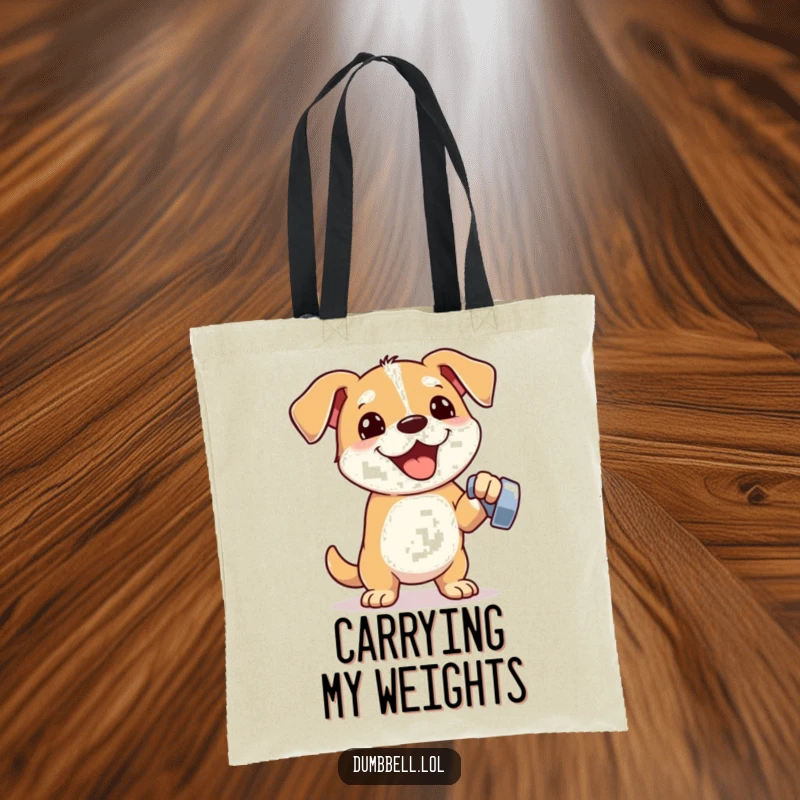 Funny tote bag with an energetic dog lifting a dumbbell with one paw, showcasing strength and humorous fitness dedication.