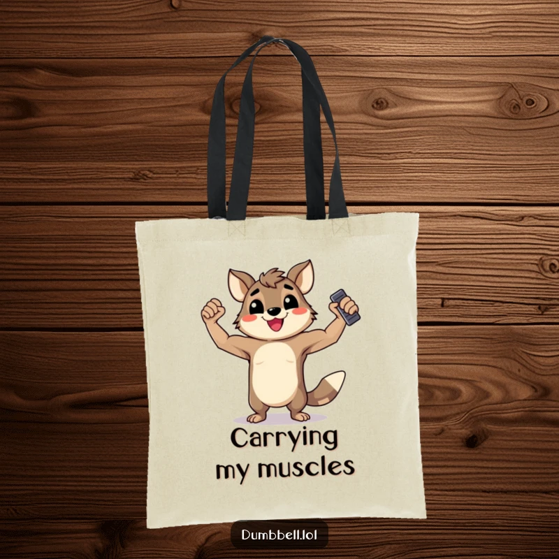 Funny Tote Bag: Happy animal flexing muscles while holding a dumbbell, ready for shopping with a strong pose.